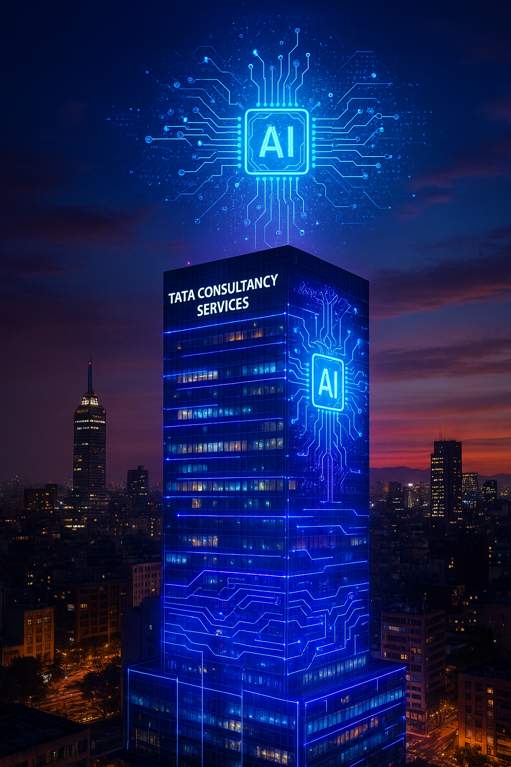 TCS AI hub in Mexico City glowing at night, symbolizing thousands of new tech jobs in 2025