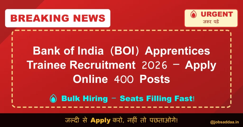 Bank of India (BOI) Apprentices Trainee Recruitment 2026 – Apply Online 400 Posts